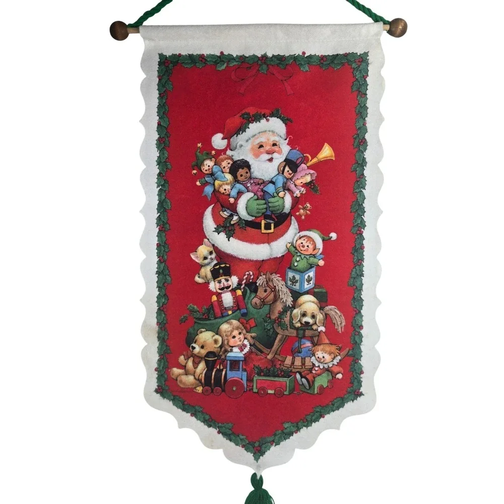Vtg 80s Morehead Inc Santa with Christmas Toys Felt Banner Wall Hanging 21x12